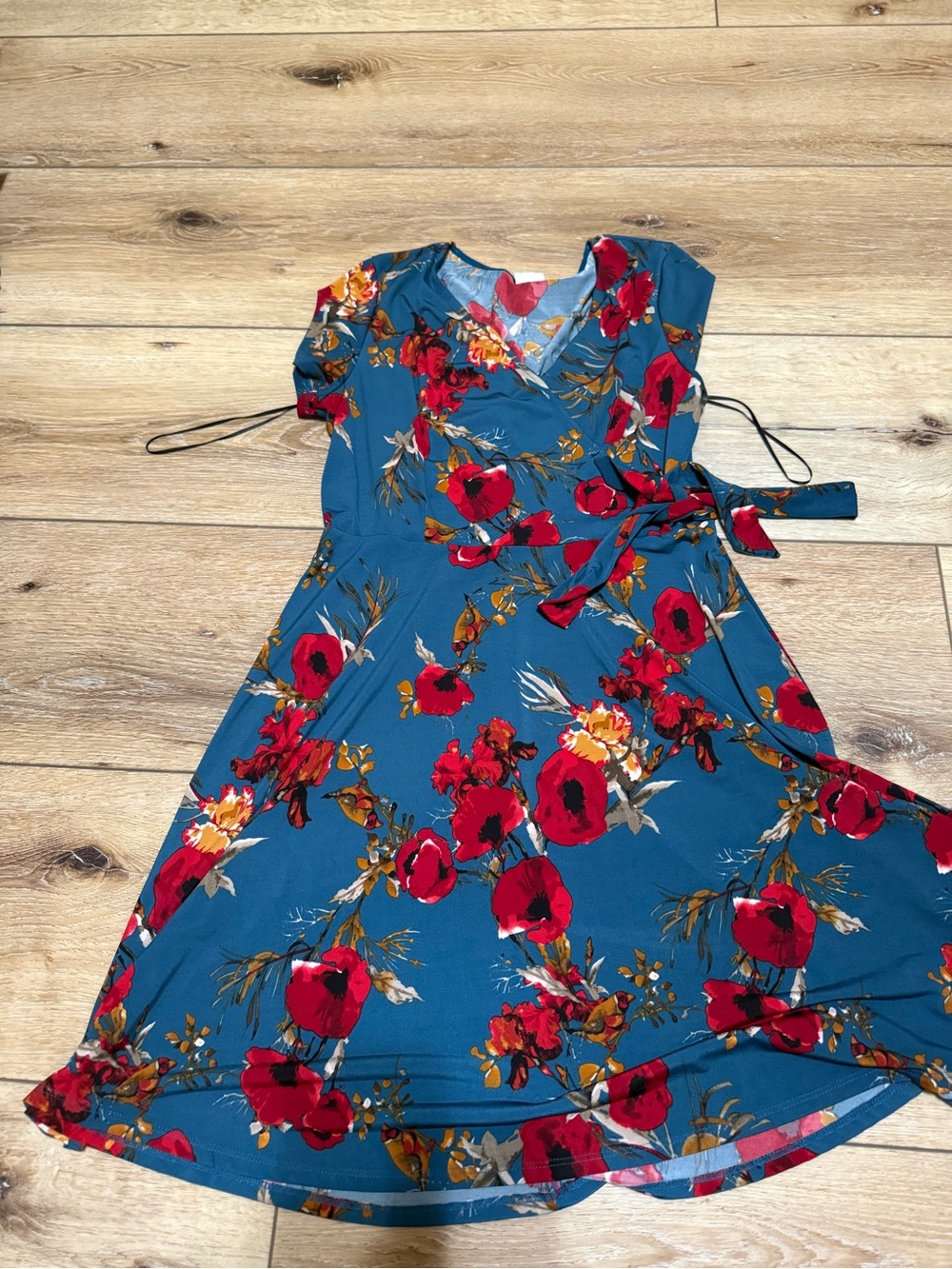 Kaileigh Teal Floral Wrap Midi Dress with Red Blooms